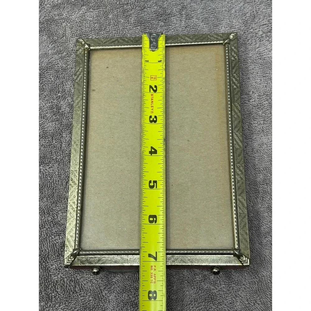 Vtg 5x7 Gold Tone Metal Picture Frame Ornate Etched Ball Feet Tabletop Art Deco